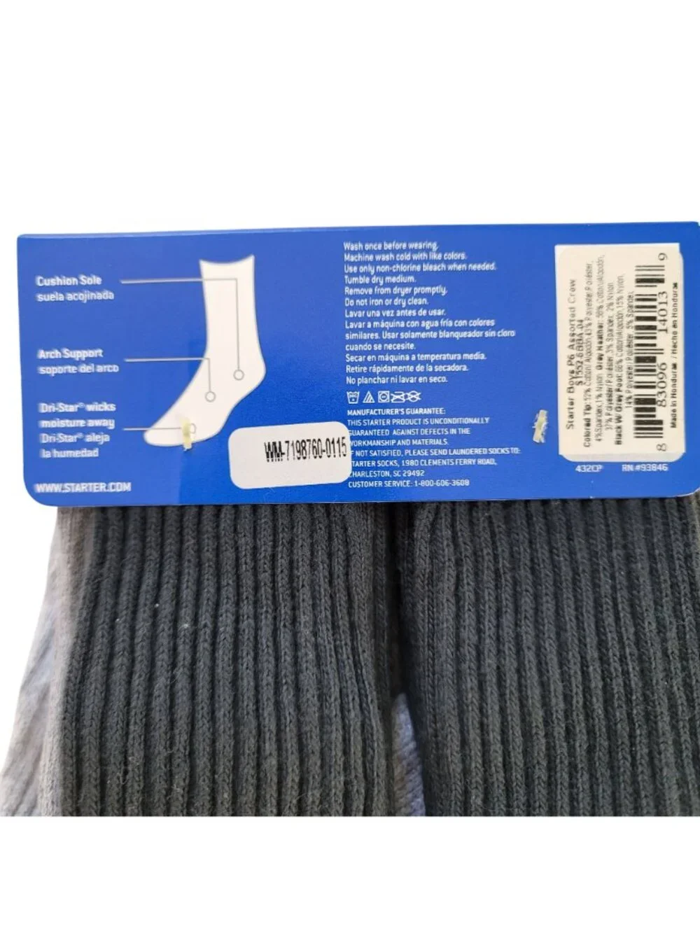 Starter Crew Boys Socks Gray 10-2.5 M 6 Pair Ribbed Dri-Star Support Cushion NEW